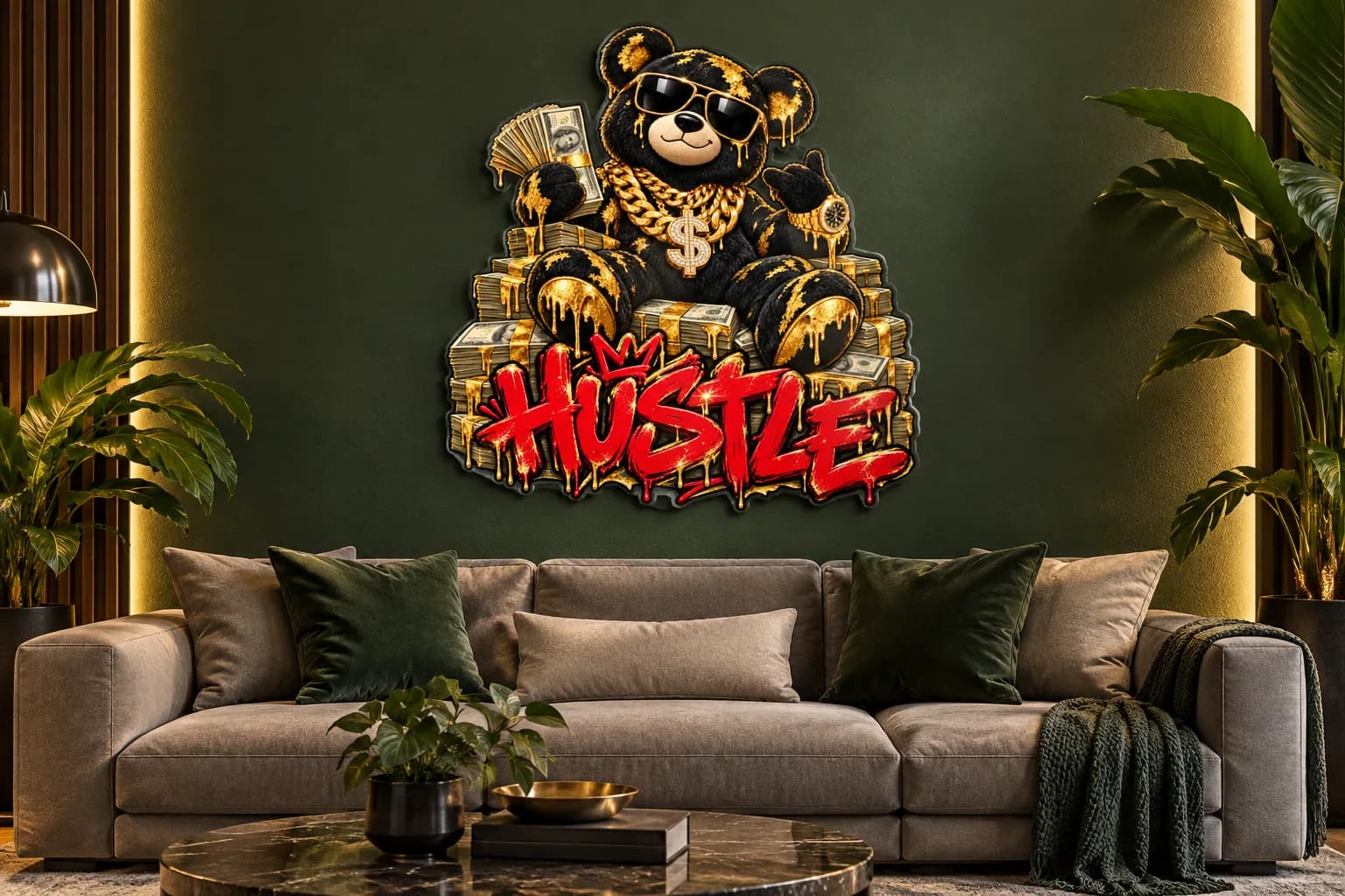 Ursuleț „HUSTLE”, tablou din plexiglas pe peretele unui living (simulare)
