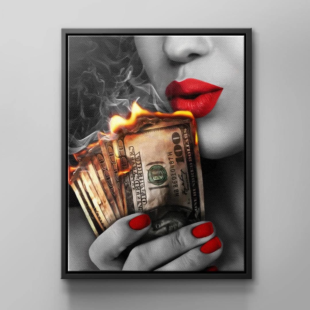Tablou canvas femeie sexy care arde bani – decor bar și lounge