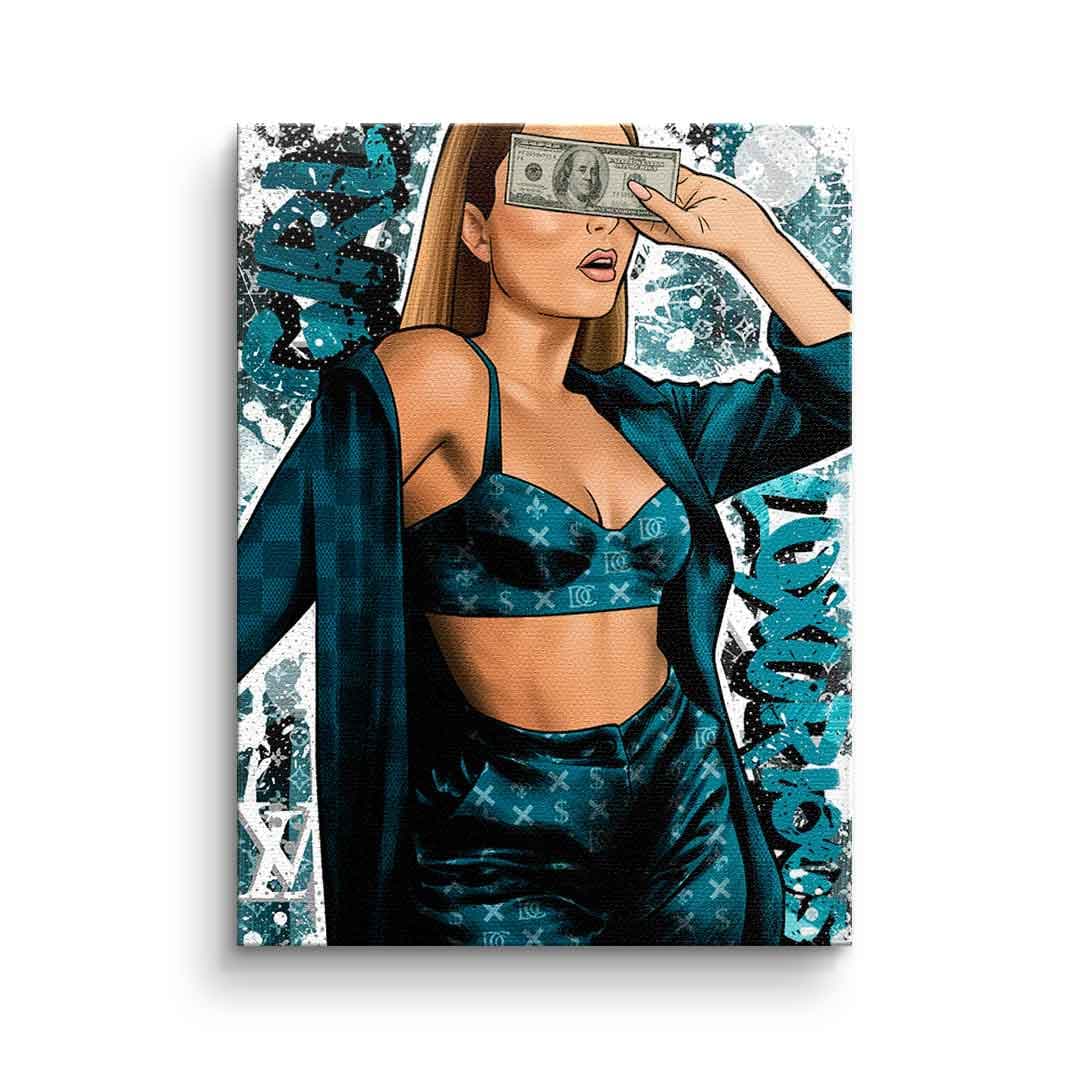 Tablou canvas femeie sexy cu bani în albastru – artă pentru birou