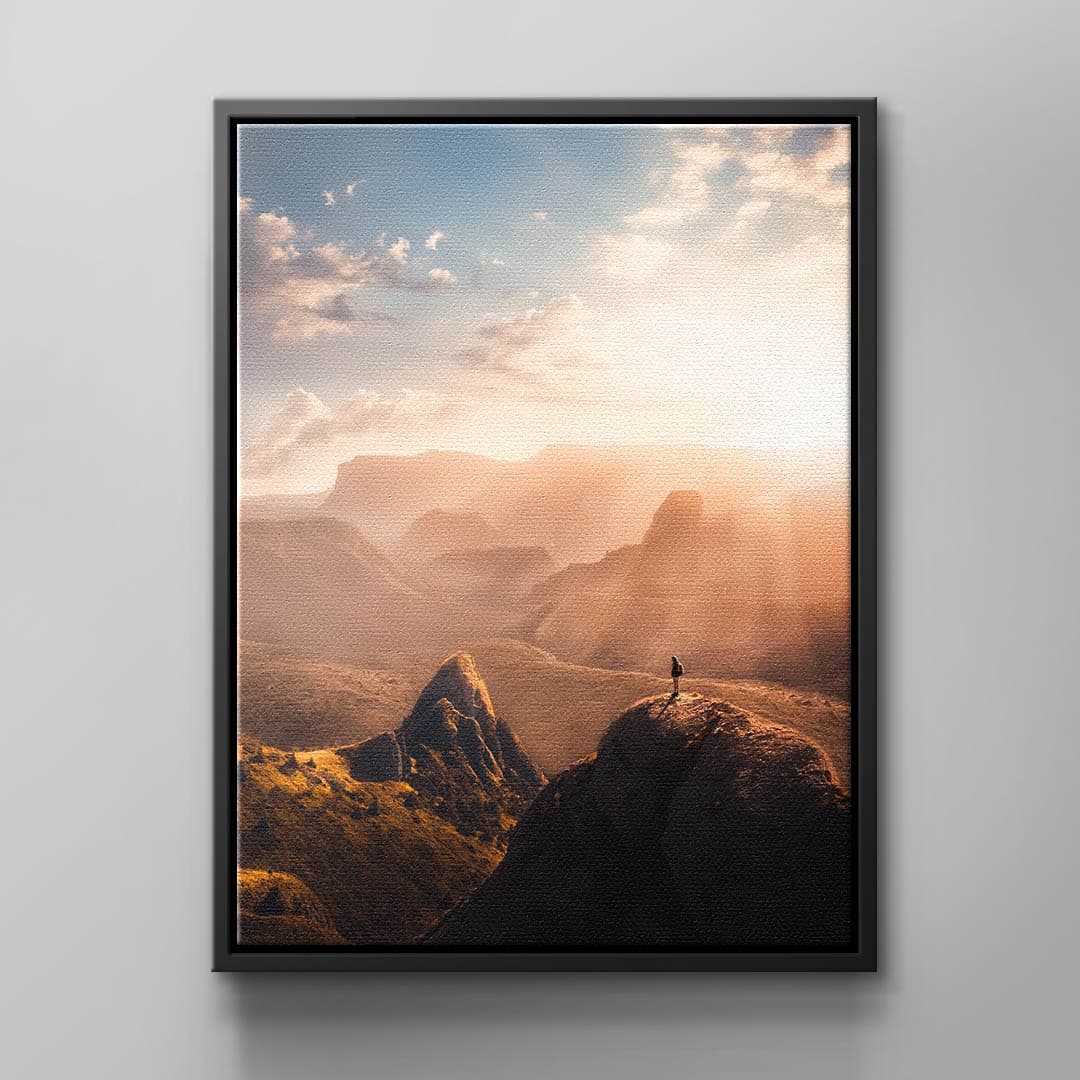 Tablou canvas peisaj stilizat albastru și portocaliu – living luminos