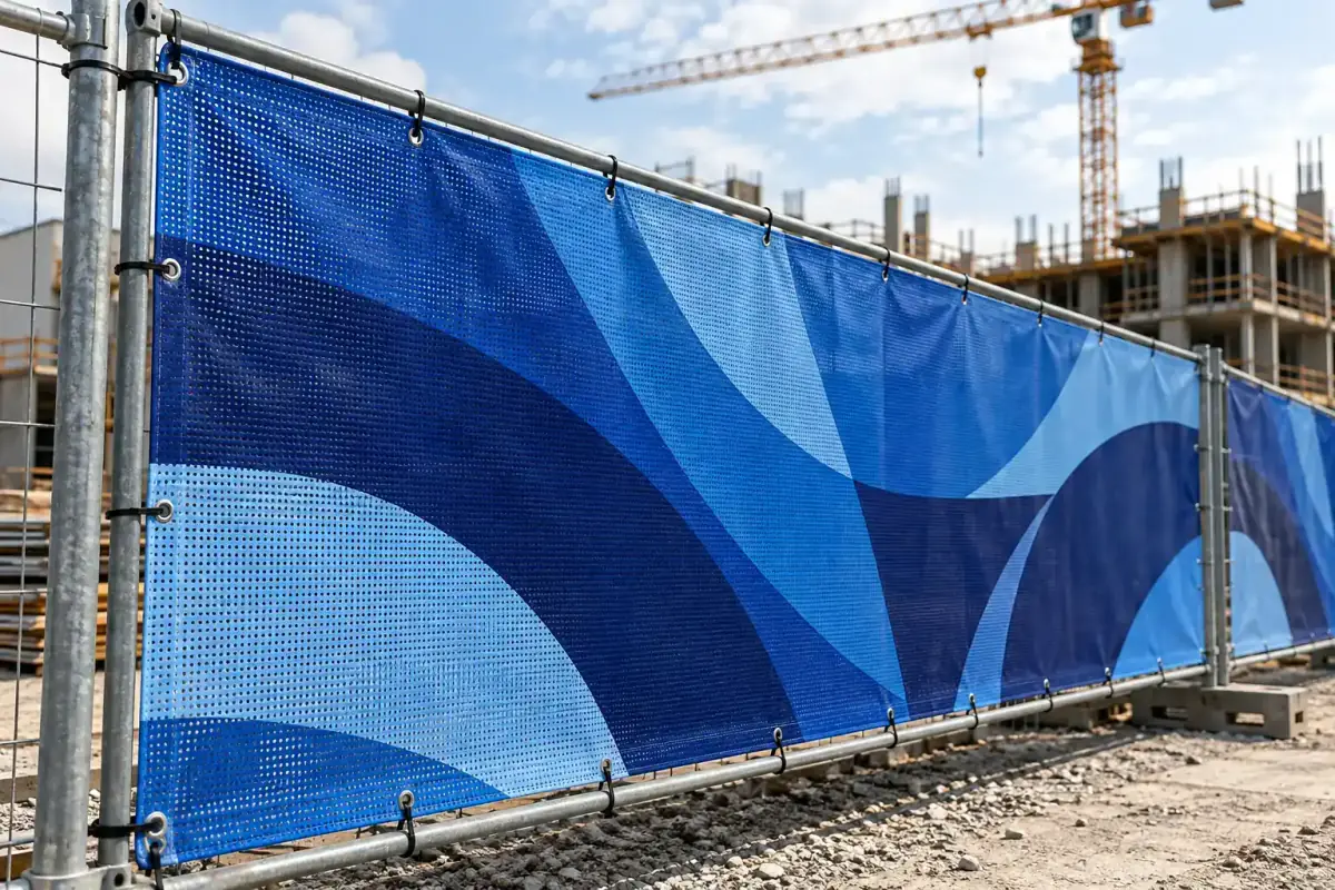 Banner mesh prins cu coliere pe gardul mobil al unui șantier