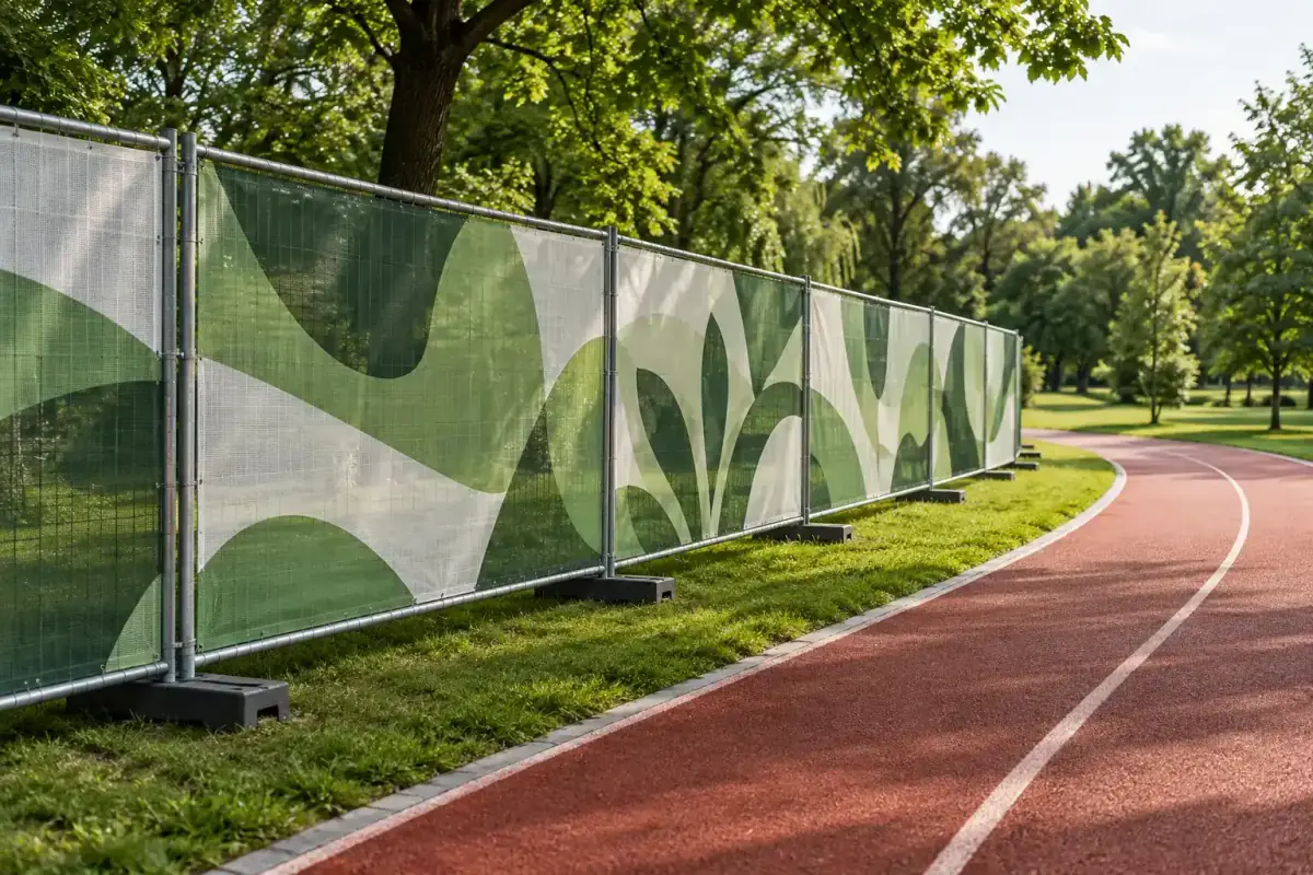 Garduri mobile îmbrăcate în mesh la o competiție sportivă în parc